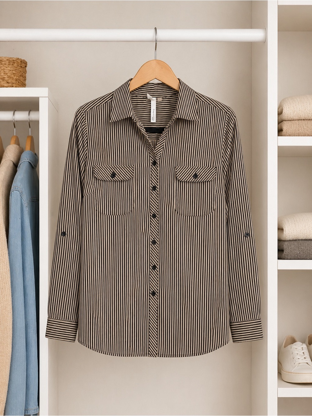 New Collection Petite Striped Button Down Shirt Black & Beige Size PL